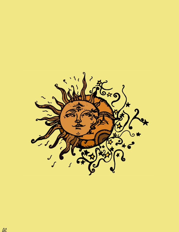 a drawing of a sun with the face of a man on it's side