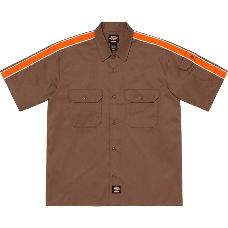 Supreme Dickies Stripe S/S Work Shirt. Size Medium. Brown With Orange Stripes. Great Condition. 65% Polyester, 35% Cotton Brown Short Sleeve Workwear Shirt, Workwear Orange Top With Relaxed Fit, Orange Relaxed Fit Top For Work, Casual Orange Shirt For Workwear, Casual Orange Shirt For Work, Orange Collared Shirt For Work, Orange Relaxed Fit Collared Tops, Orange Workwear Top With Pockets, Orange Short Sleeve Tops With Pockets