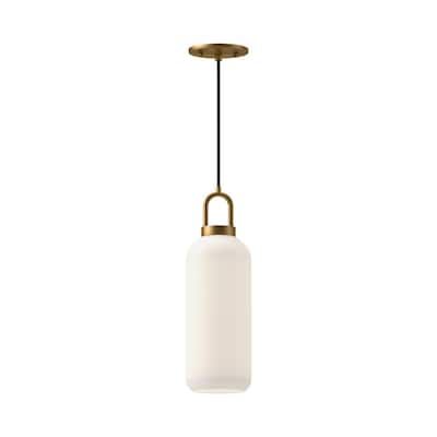 a light fixture with a white glass shade hanging from it's brass metal frame