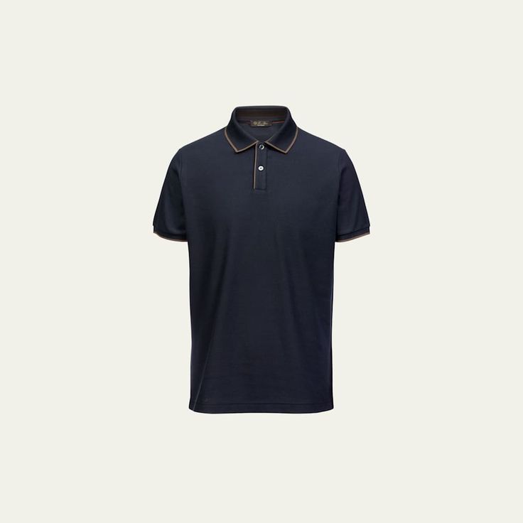 Loro Piana "Brentwood" solid polo shirt with contrast tipping. Spread collar; two-button placket. Short sleeves. Vented hem. Pullover style. Cotton. Made in Italy. Classic Polo Shirt With Contrast Collar For Work, Classic Workwear Polo Shirt With Contrast Collar, Workwear Polo Shirt With Johnny Collar, Classic Polo Shirt With Johnny Collar And Contrast Detail, Elegant Cotton Polo Shirt With Striped Collar, Luxury Polo Shirt With Contrast Collar, Cotton Polo Shirt With Placket For Business, Workwear Polo Shirt With Contrast Trim, Classic Navy Polo Shirt With Contrast Collar