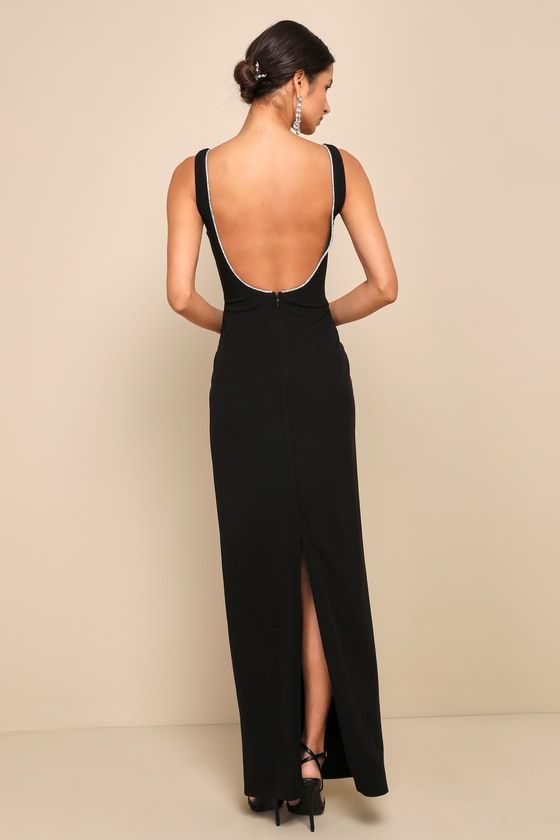 Bring an elevated sparkle wherever you go in the Lulus Timeless Poise Black Rhinestone Square Neck Backless Maxi Dress! This luxe dress has a stretchy, techno crepe woven fabrication that falls from wide straps into a flattering square neckline that continues into a scoop back, all adorned with sparkling rhinestone trim. A princess-seamed bodice and a fitted waist sit atop a figure-skimming column skirt that finishes at an elegant maxi hem. Kick pleat at back allows for movement. Hidden back zip Formal Wedding Guest Dress Winter Black Tie, Hot Prom Dresses Classy, Formal Black Wedding Guest Dress, Roommate Experiment, Ring Dance, Black Tie Dresses, Revenge Dress, Black Wedding Guest Dresses, Ethereal Dresses