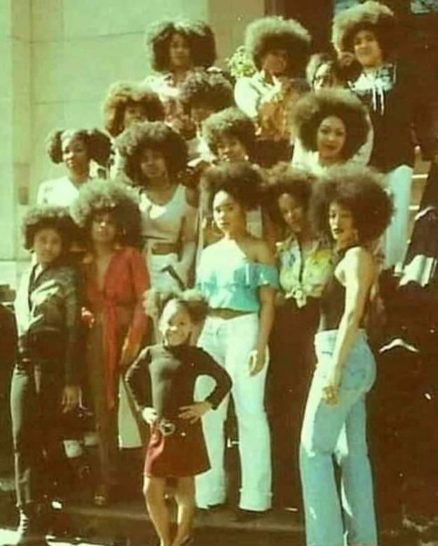 a group of women standing next to each other in front of a building with large afros on their heads