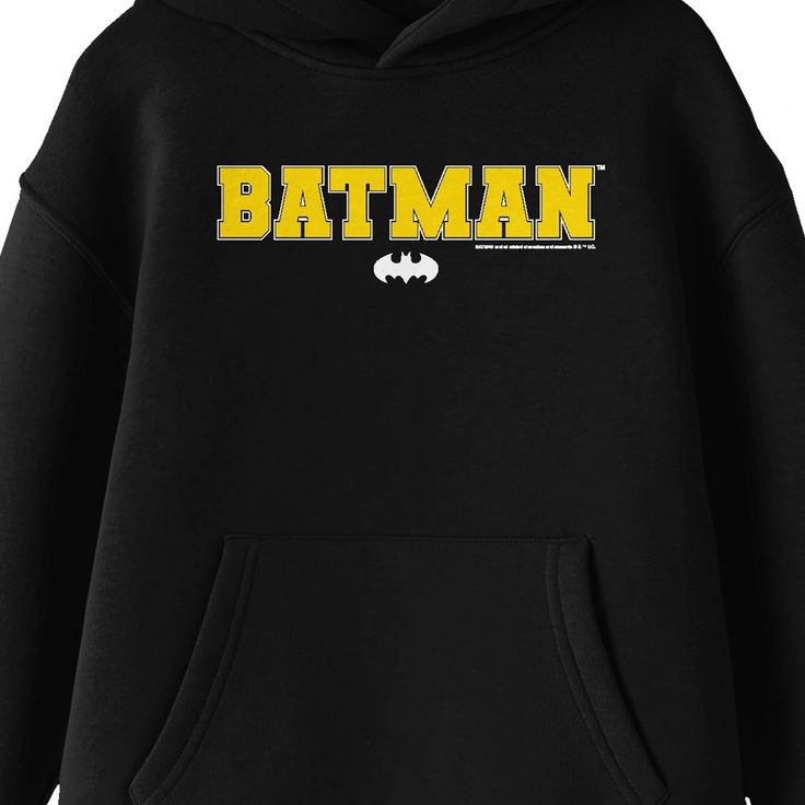 Celebrate the Caped Crusader in comfort with this Batman sweatshirt. The hoodie features an image of Batman's logo under yellow text that spells out the superhero's name. The sweatshirt comes in black with a double-lined hood and a large pouch pocket. Batman fans will love this comfy and cozy hoodie. Batman Sweatshirt, Batman Hoodie, Superhero Names, Caped Crusader, Black Hooded Sweatshirt, Scenery Pictures, Batman Logo, Large Pouch, Cozy Hoodie