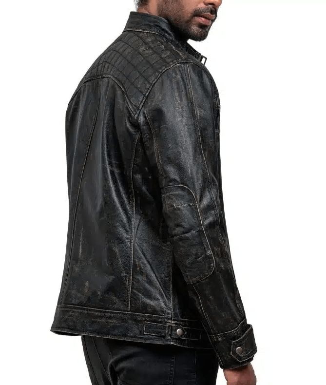 Men's Vintage Motorcycle Leather Jacket In Black Experience timeless style with our men's vintage motorcycle leather jacket. Crafted from premium sheepskin with a semi-aniline finish, this jacket offers durability and a sophisticated look. The inner viscose lining ensures comfort, while the distressed biker design adds an edge. Featuring a zipper closure, band collar, and snap button cuffs, it's practical too, with multiple zip pockets inside and out for convenience. Outer Shell: Genuine Leather Leather Type: Sheepskin Leather Finish: Semi-aniline Inner Shell: Viscose Lining Features: Quillted Shoulder With Distressed Biker Look Closure Style: Zipper Collar Style: Band Cuffs Style: Snap Button Inside Pockets: One Outside Pockets: Two Side Zip Pockets And Two Breast Zip Pockets Color: Black Classic Distressed Brown Leather Biker Jacket, Leather Jacket For Urban Adventures, Leather Long Sleeve Jacket For Urban Adventures, Long Sleeve Leather Jacket For Urban Adventures, Urban Leather Jacket For Urban Adventures, Rugged Winter Outerwear For Biker Events, Rugged Leather Motorcycle Jacket, Rugged Distressed Brown Leather Biker Jacket, Rugged Biker Jacket With Double-needle Long Sleeves