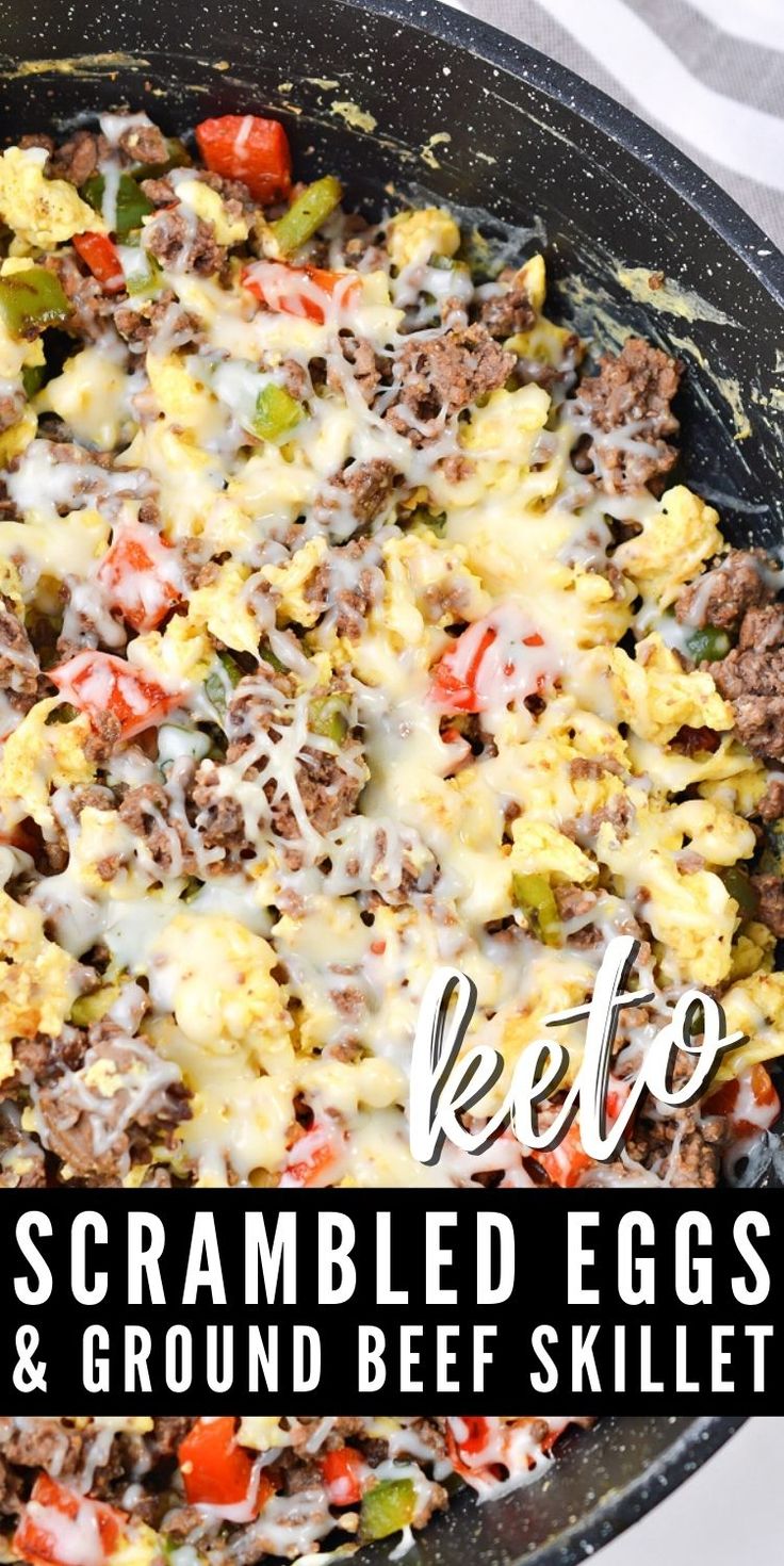 keto scrambled eggs and ground beef skillet in a cast iron skillet with text overlay