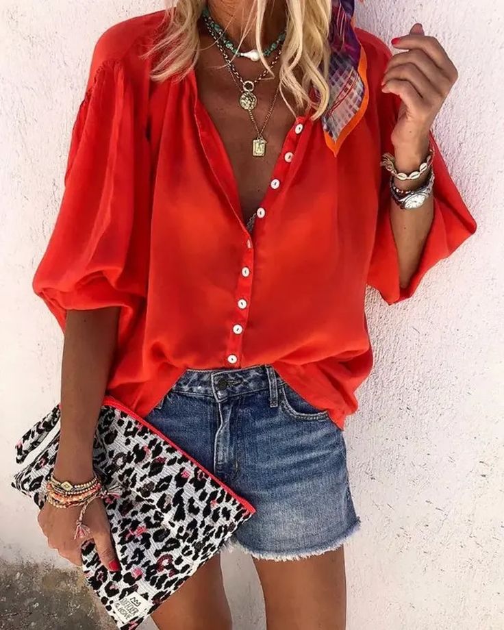 Color: red, Size: L Look Working Girl, Half Sleeve Blouse, Cooler Look, Tops Casual, Button Up Long Sleeve, Chiffon Long Sleeve, Red Blouses, Casual Blouse, Ladies Tops Fashion