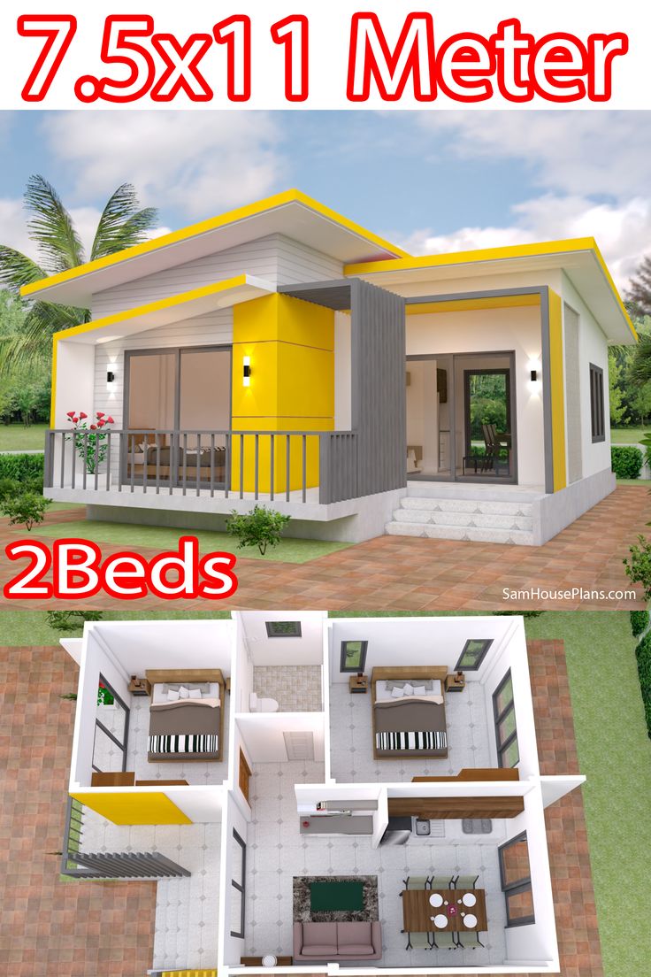 House Plans 7.5x11 with 2 bedrooms Full Plans 2 Room House Plan, Two Bedroom House Design, Small House Blueprints, Small Modern House Plans, Pelan Rumah, Small House Layout, Little House Plans, Affordable House Plans, Two Bedroom House