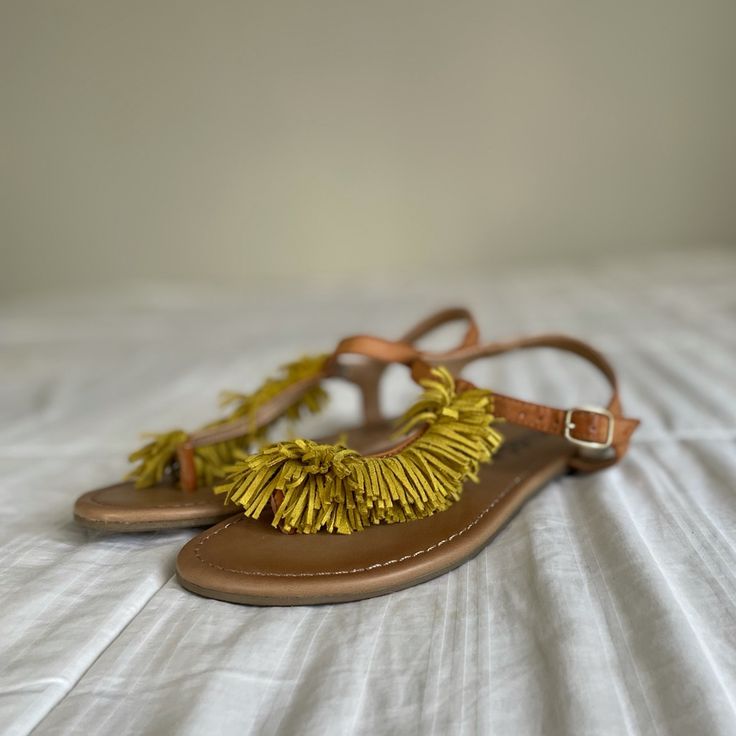 Mudd 8 Sandals Tan With Chartreuse Fringe Nwot Casual Yellow Sandals For Beach, Casual Yellow Sandals For Vacation, Casual Yellow Beach Sandals, Mustard Casual Sandals With Round Toe, Yellow Flat Sandals For The Beach, Yellow Flat Sandals For Beach, Casual Mustard Sandals With Round Toe, Casual Mustard Round Toe Sandals, Yellow Casual Sandals For Beach Season