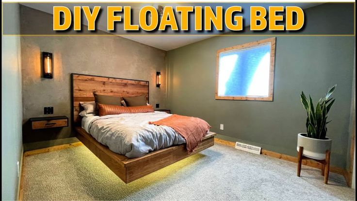 there is a bed that has been made in this room with the words diy floating bed above it