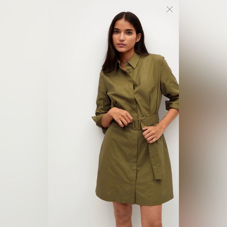 Mango Long-Sleeve Midi Green Dress Plain Midi Dress, Mango Clothing, Mango Dresses, Mango Dress, Belt Dress, Cotton Shirt Dress, Green Midi Dress, Designer Shorts, Wrap Dress Floral