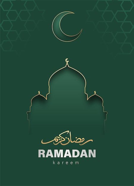 rama kareem greeting card with mosque and crescent on green background for eid al adhaj