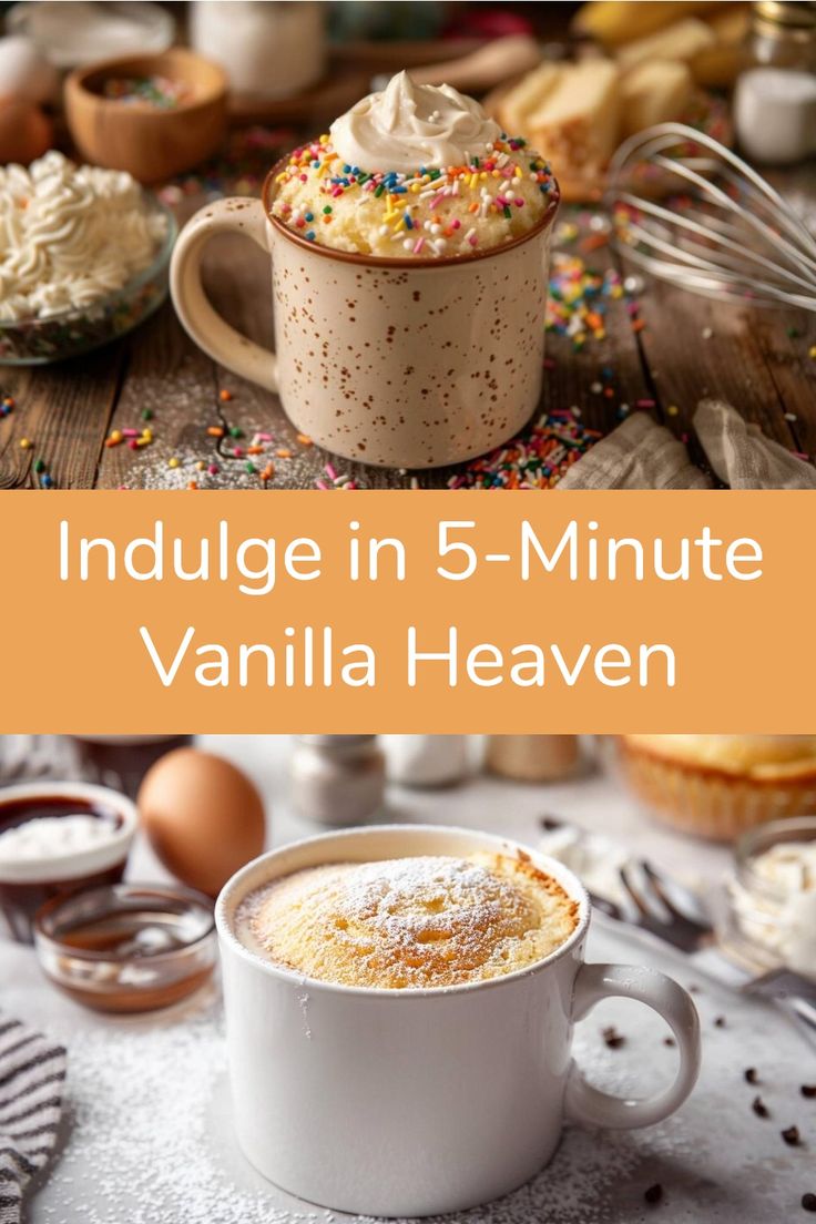 Quick & Delicious: 5-Minute Vanilla Bliss Mug Cake Recipe Cakes For One, Airfryer Mug Cake, Yellow Mug Cake, White Chocolate Mug Cake, Mug Cake Vanilla, Vanilla Cake In A Mug, Mug Cakes Recipes, Vanilla Mug Cake Recipe, Mug Desserts