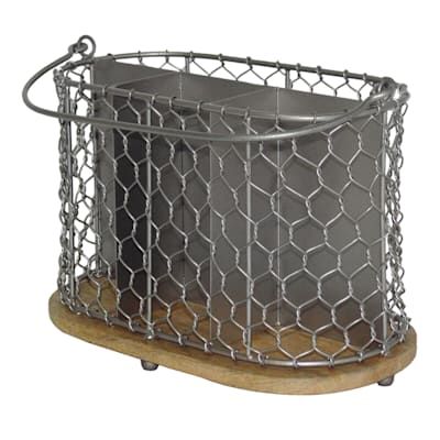 a metal container with a wooden base on a white background, it looks like a chicken wire basket