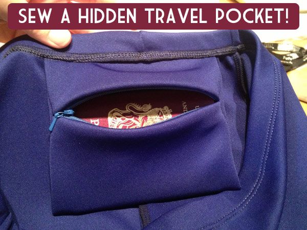 someone is opening their pocket to see what's in the bag and it says, sew a hidden travel pocket