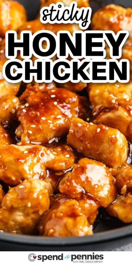 honey chicken in a skillet with text overlay