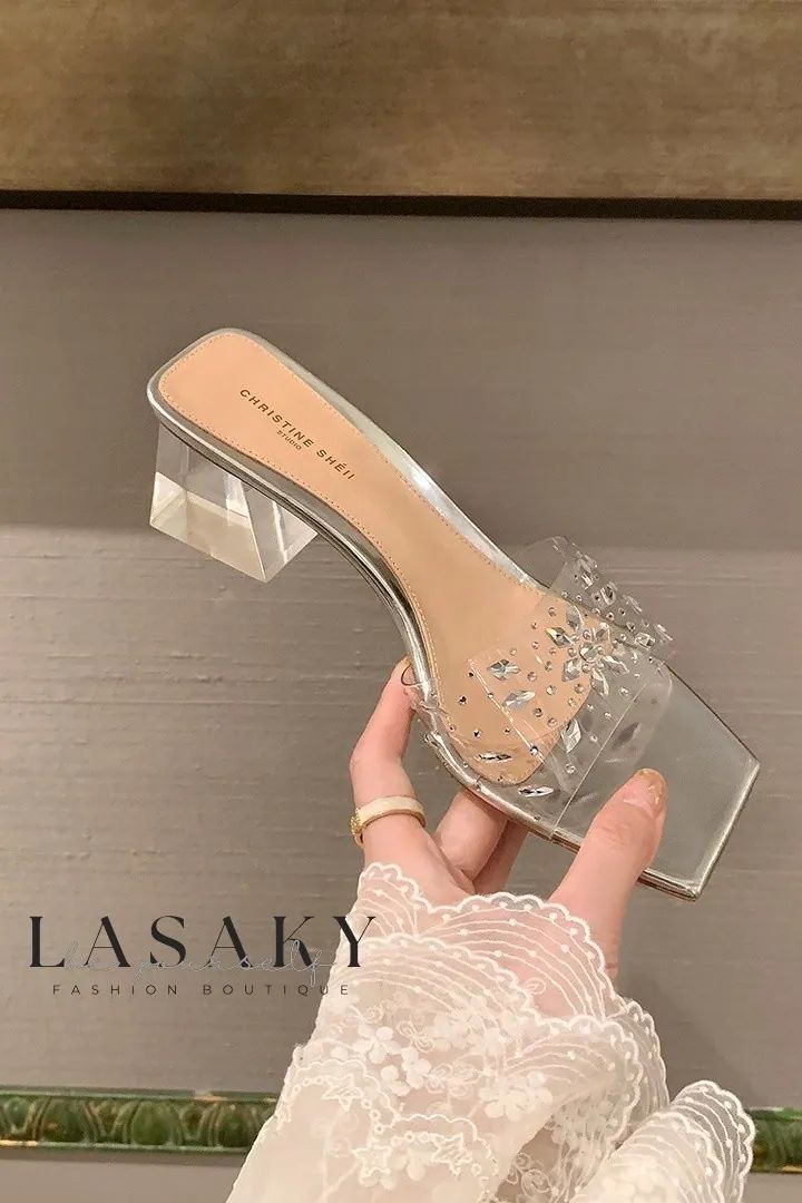 Lasaky - Sophisticated Crystal-Adorned Clear Strap Flat Sandals Elegant Chunky Heels, Fancy Sandals, Clear High Heels, Fancy Heels, Transparent Heels, Pretty Sandals, Shoes Heels Classy, Heels Classy, Fashion Slippers