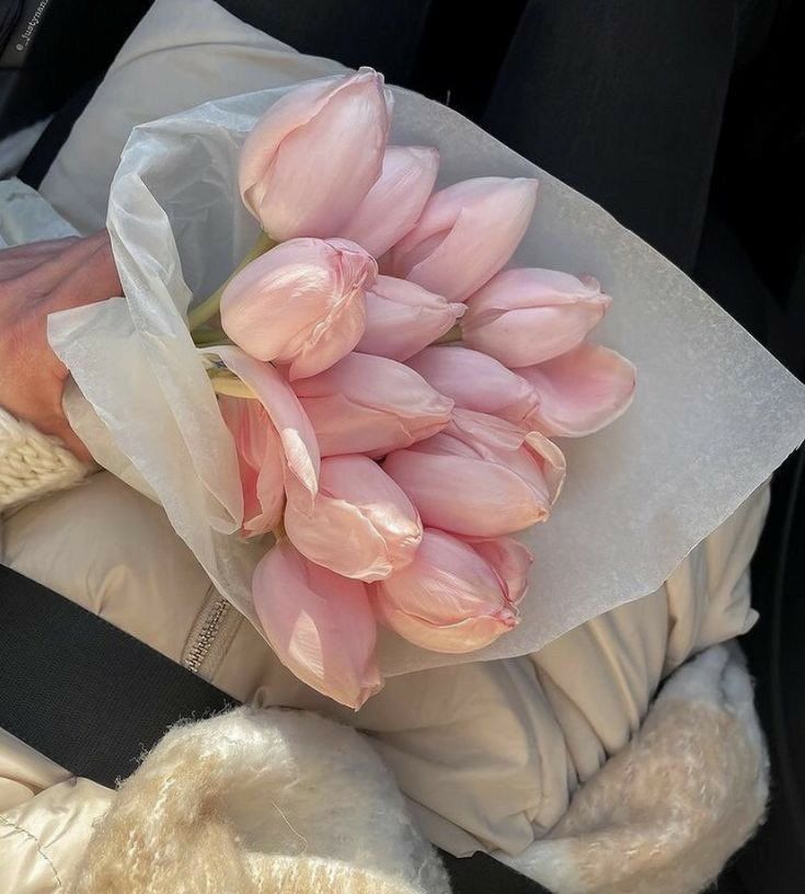 a bunch of pink tulips sitting in the back seat of a car