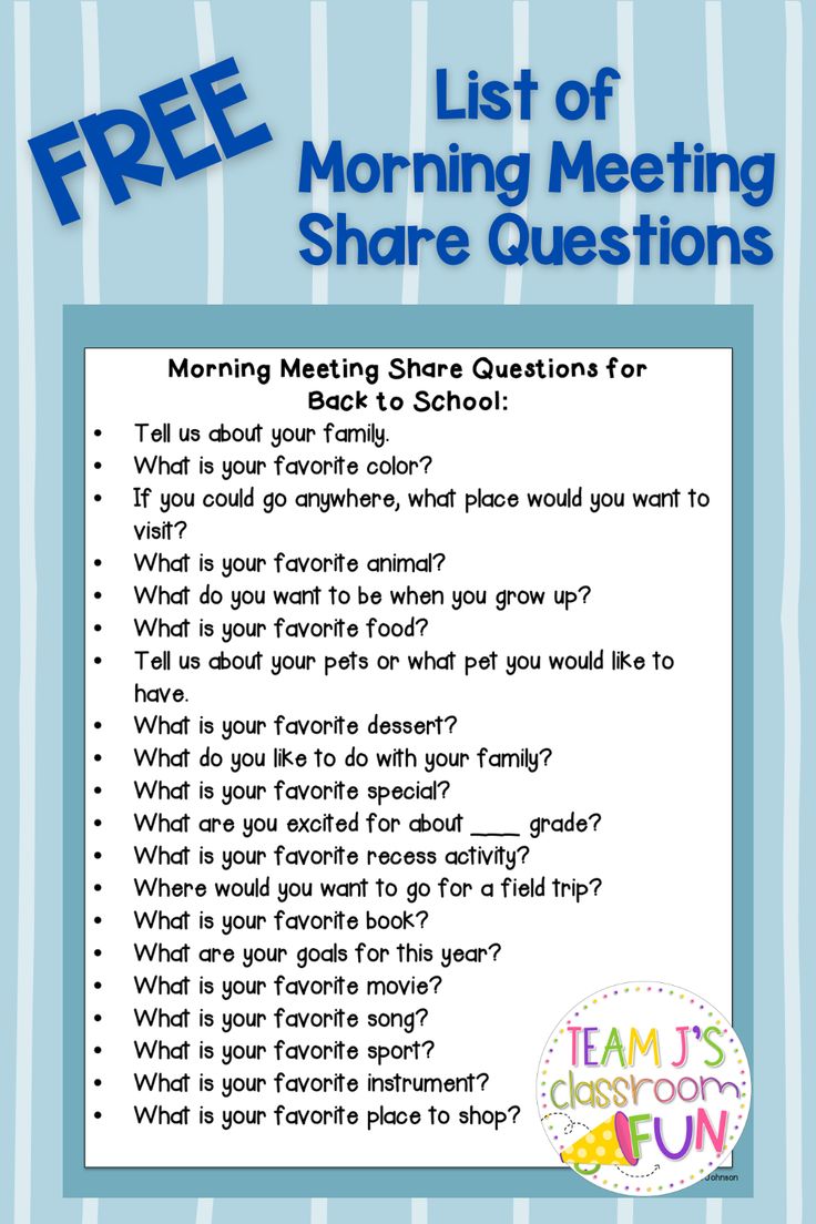 a blue and white striped background with the text list of morning meeting share questions