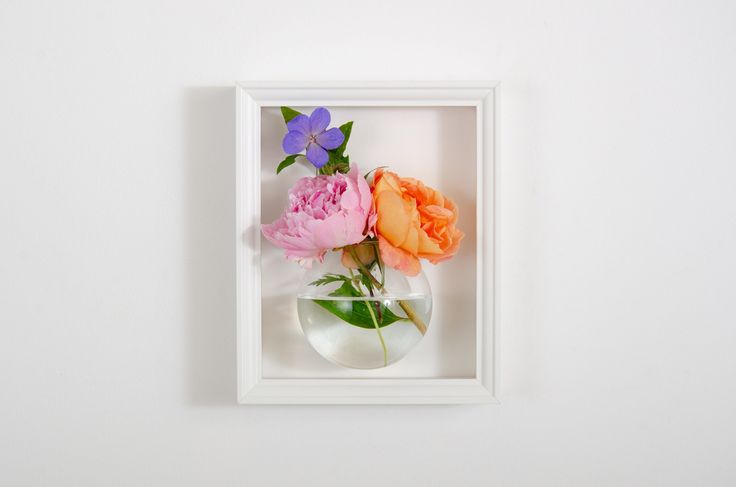 three different colored flowers in a glass vase on a white wall with water and greenery