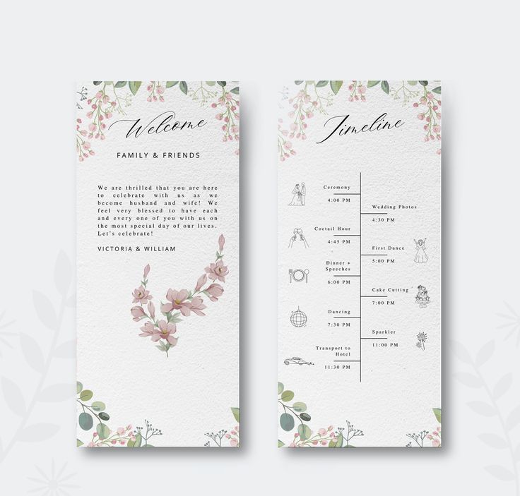 two wedding program cards with flowers and leaves on the front, one in pink and green