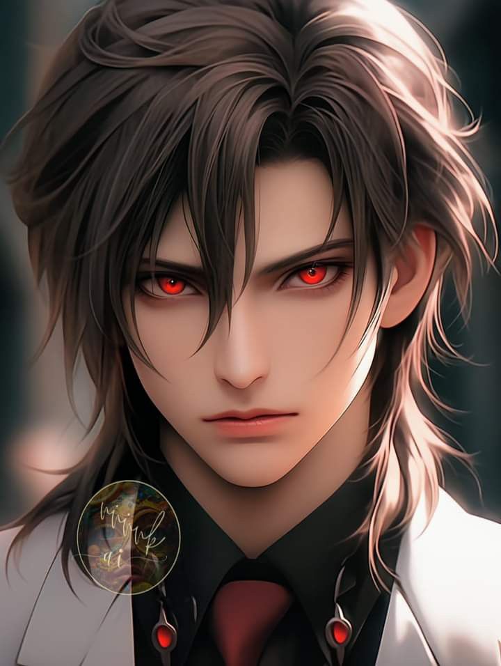 an anime character with red eyes and long hair, wearing a white jacket and tie