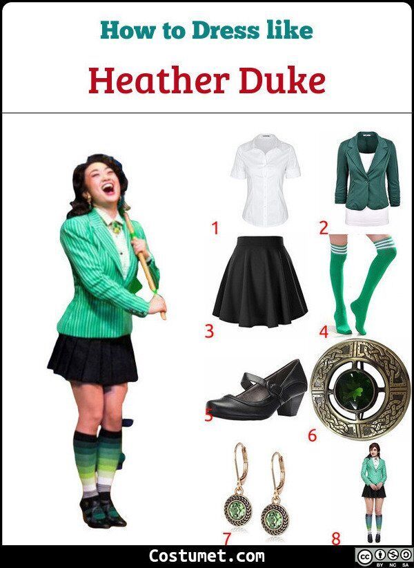 an image of a woman in green outfit and hat with text overlay that says how to dress like heather duke