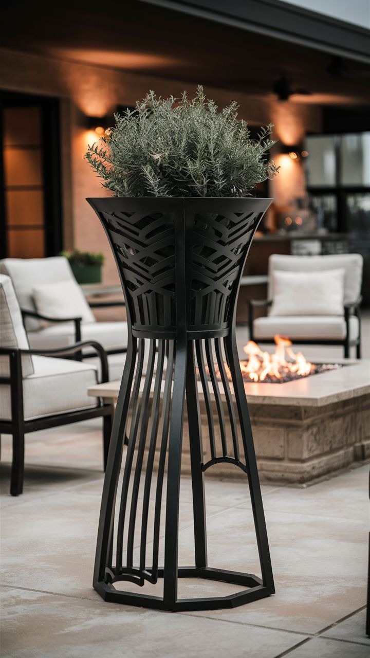 an outdoor fire pit in the middle of a patio