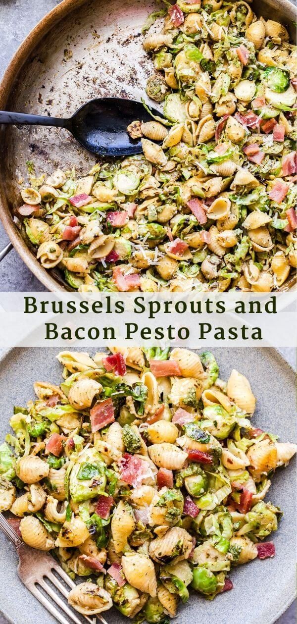 brussels sprouts and bacon pesto pasta in a skillet