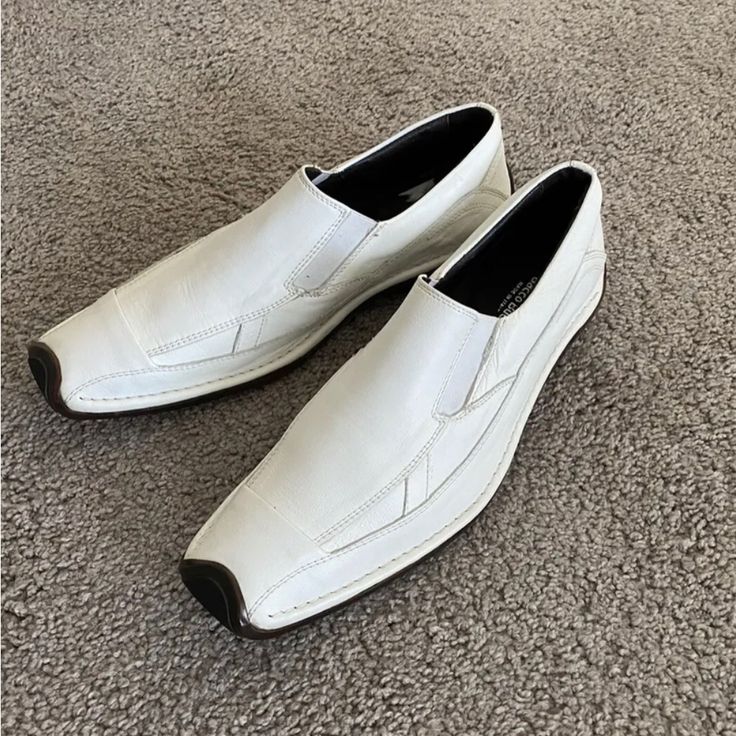 Bacco Bucci Men's Italy Sz9 Dressy Pointed Square Toe Shoes In White White Almond Toe Slip-ons For Business, White Leather Sole Plain Toe Slip-ons, White Plain Toe Slip-ons With Leather Sole, White Slip-ons With Leather Sole And Plain Toe, Classic White Slip-ons With Plain Toe, White Classic Plain Toe Slip-ons, Formal Slip-ons With Pointed Toe And Stitched Sole, White Classic Almond Toe Slip-ons, Formal Slip-ons With Square Toe And Leather Sole