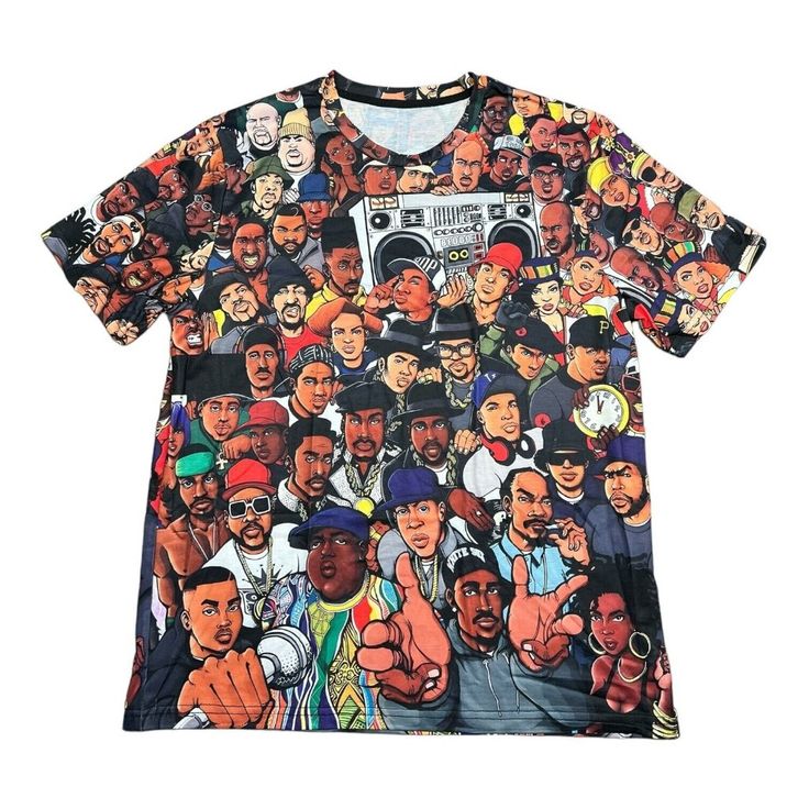 Hip Hop Legends All Over Rapper Print Tee New With Out Tag's If You Have Any Questions Please Ask Before Purchasing. Check Out All Of Our Other Great Items B62 The Hip Hop Legends All Over Rapper Print Tee Is A Vibrant And Stylish T-Shirt Crafted From 100% Polyester, Featuring An Eclectic Array Of Images Showcasing Iconic Rappers And Influential Figures In Hip Hop Culture. This Unique Design Celebrates The Rich History And Diversity Of The Genre, Making It A Perfect Choice For Music Enthusiasts Urban Printed Crew Neck T-shirt, Band Merch Printed T-shirt For Streetwear, 90s Style Printed T-shirt For Streetwear, Graffiti Print Short Sleeve Tops For Streetwear, Short Sleeve Tops With Graffiti Print For Streetwear, Multicolor Hip Hop Tops With Letter Print, Summer Streetwear Tops With Character Print, Summer Tops With Character Print For Streetwear, Hip Hop Shirt With Graphic Print And Crew Neck