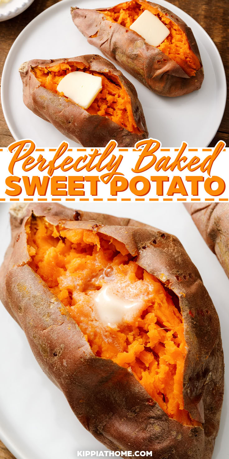 baked sweet potatoes with a pat of butter Sweet Potato Recipes In Oven, Best Way To Bake Sweet Potatoes, Perfect Sweet Potato, Recipes With Baked Sweet Potatoes, Easy Roasted Sweet Potatoes, How To Make A Sweet Potato, How Long To Bake Sweet Potatoes In Oven, How To Cook A Sweet Potato, Recipe For Sweet Potatoes