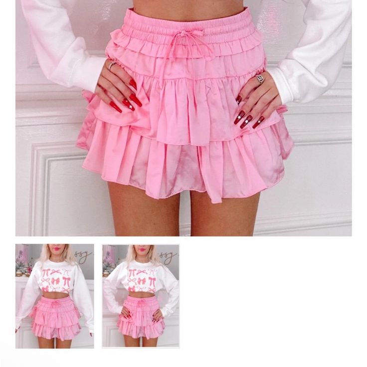 Brand New With Tags, Perfect Unused Condition Size: Large Sealed In Plastic Wrap And Wrapped In Pink Tissue Paper Retail Price: $58 + $7.99 Shipping High Waist Pink Skort With Elastic Waistband, Sweet Tiered Skirt With Ruffles, Sweet Tiered Ruffle Skirt, Cute Cotton Mini Skirt With Ruffles, Cute High-waist Skirt With Ruffles, Sweet Ruffled Mini Skirt For Spring, Sweet Fitted Tiered Skirt, Sweet Tiered Skirt For Spring, Sweet Summer Bottoms With Ruffles