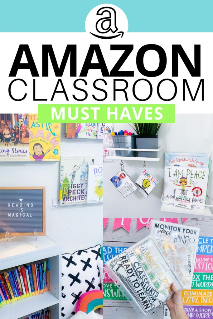 the words amazon classroom must haves are in front of bookshelves and shelves