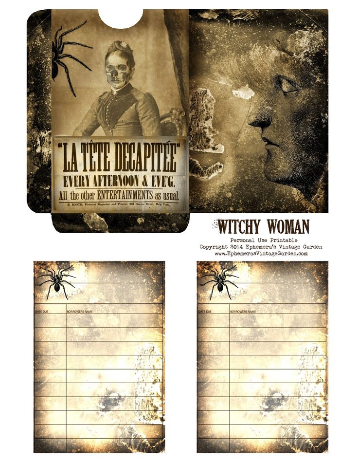 a set of three tags with an image of a woman and a spider