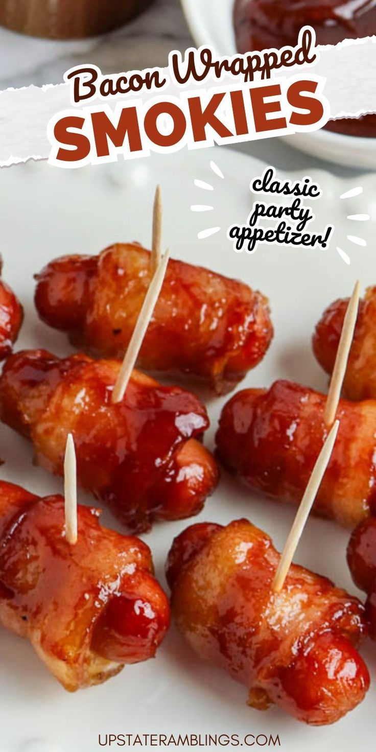 bacon wrapped smokies are on a plate with toothpicks