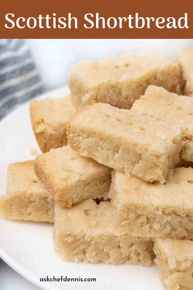 several pieces of shortbread on a white plate with text overlay that says scottish shortbread