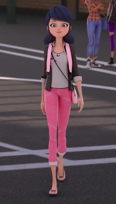 an animated girl walking down the street in pink pants