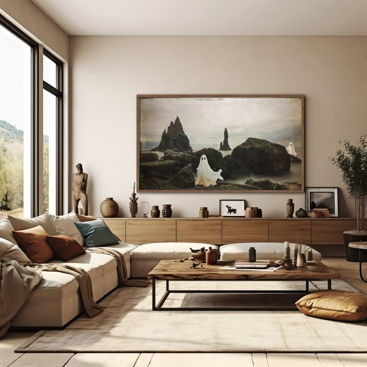 a living room filled with furniture and a large painting hanging on the wall above it