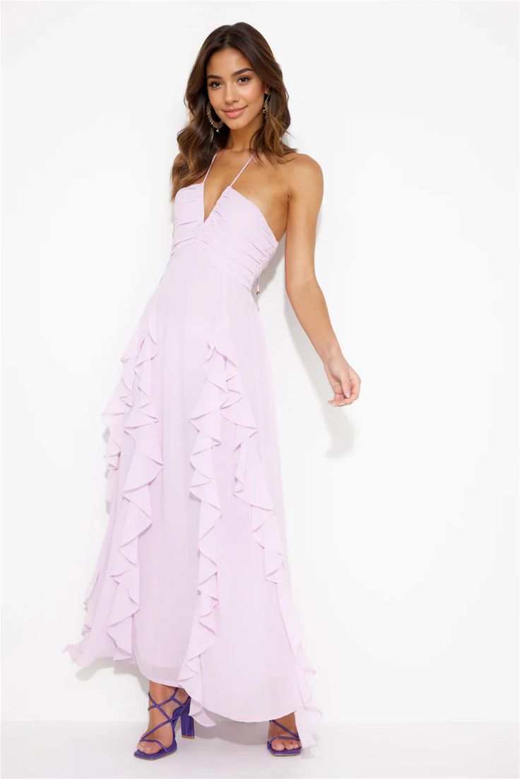 Pastel Sunset Maxi Dress Lavender Cute Long Formal Dresses, Pastel Formal Dresses, Prom Dress Pastel, Pastel Maxi Dress, Light Purple Bridesmaid Dresses, Skirt With Frills, Pink Flowy Dress, Pastel Dresses, Glitter Prom Dresses