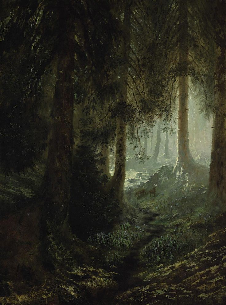 a painting of a forest scene with trees