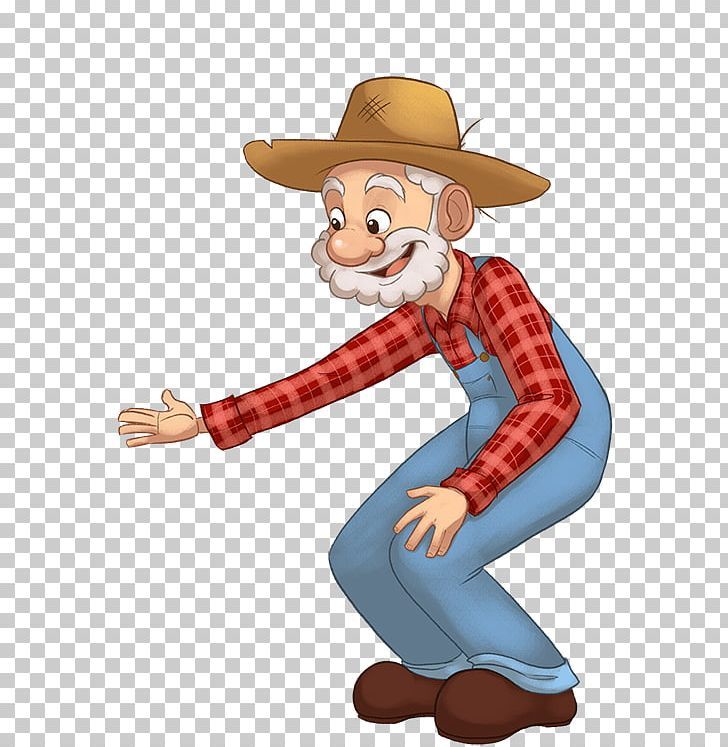 an old man wearing overalls and a cowboy hat pointing at something