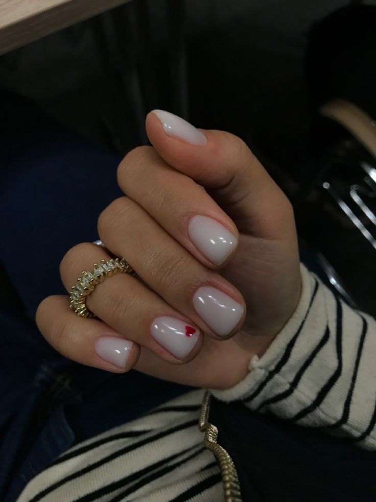 Red Heart Manicure, Milk White Nails With Heart, Milky White With Hearts Nails, Short White Nails With Red Heart, Small Heart Nails Simple, Milky White Nails Red Heart, Heart Nails Natural, Red Nail White Heart, Small Red Heart Nails