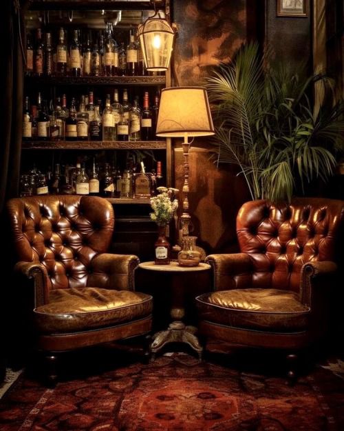 two leather chairs sitting next to each other in front of a shelf filled with bottles