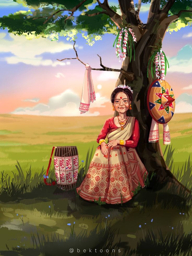 A girl wearing traditional attire of assam (mogar makhal ) and sit around nature . Assames girl . North East India . Assam Assam Culture Art, Assam Culture, Assamese Bihu, Bihu Festival, Assamese Culture, Bengali Aesthetic, Art Competition Ideas, Cartoons Dp, Festival Image