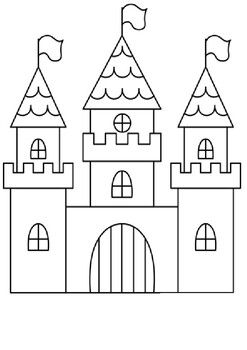 a castle with two towers and a flag on top is shown in black and white