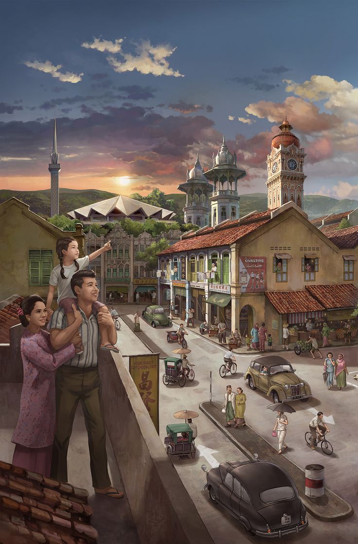 a painting of people standing on top of a bridge with cars and buildings in the background