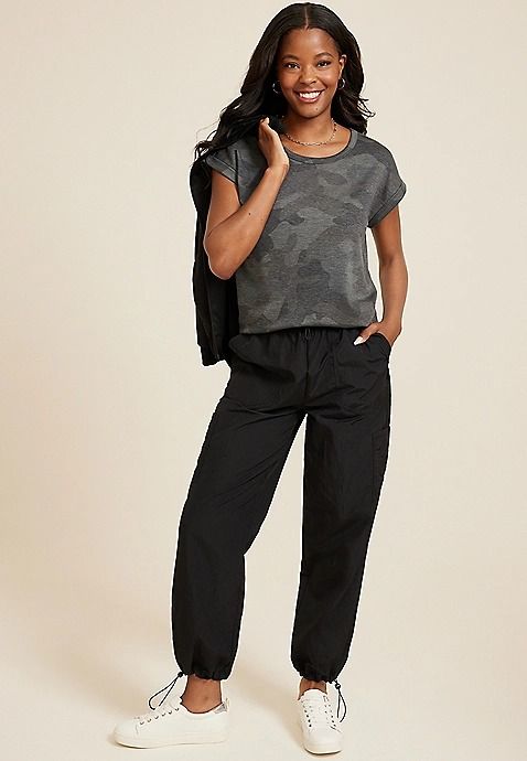 24/7 Clara Camo Short Sleeve Dolman Tee | maurices Versatile Relaxed Fit T-shirt For Fall, Athleisure Top With Elastic Waistband And Short Sleeves, Versatile Relaxed Fit T-shirt For Casual Gatherings, Relaxed Fit T-shirt For Casual Gatherings, Comfortable Casual Solid Tops, Spring Athleisure Tops With Elastic Waistband, Comfortable Casual Tops For Everyday, Casual Comfortable Tops, Fall Casual Comfortable Tops