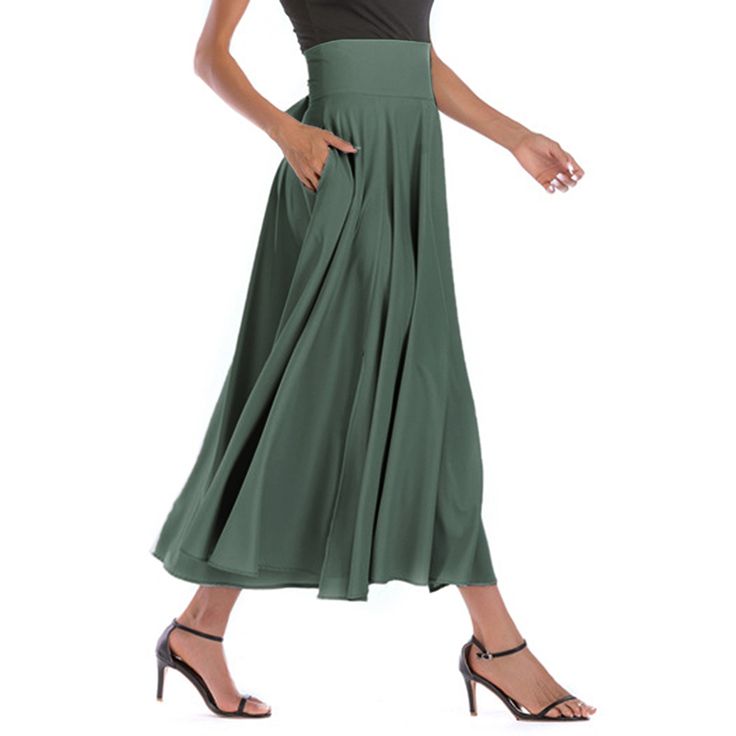 Green High Waisted Swing A-line Maxi Skirt Green A-line Maxi Skirt For Spring, Casual A-line Pleated Maxi Skirt, Casual Solid A-line Maxi Skirt, Chic Green A-line Maxi Skirt, Chic Summer A-line Maxi Skirt, Chic A-line Maxi Skirt In Solid Color, Chic A-line Pleated Summer Skirt, A-line Pleated Skirt With Pockets, Elegant Green A-line Maxi Skirt