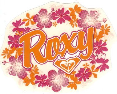 an orange and pink sticker with the word roxy in it's center