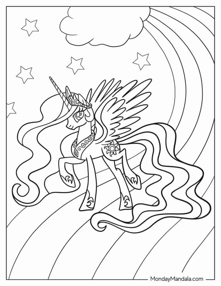 a coloring book page with an image of a unicorn on the top of a rainbow